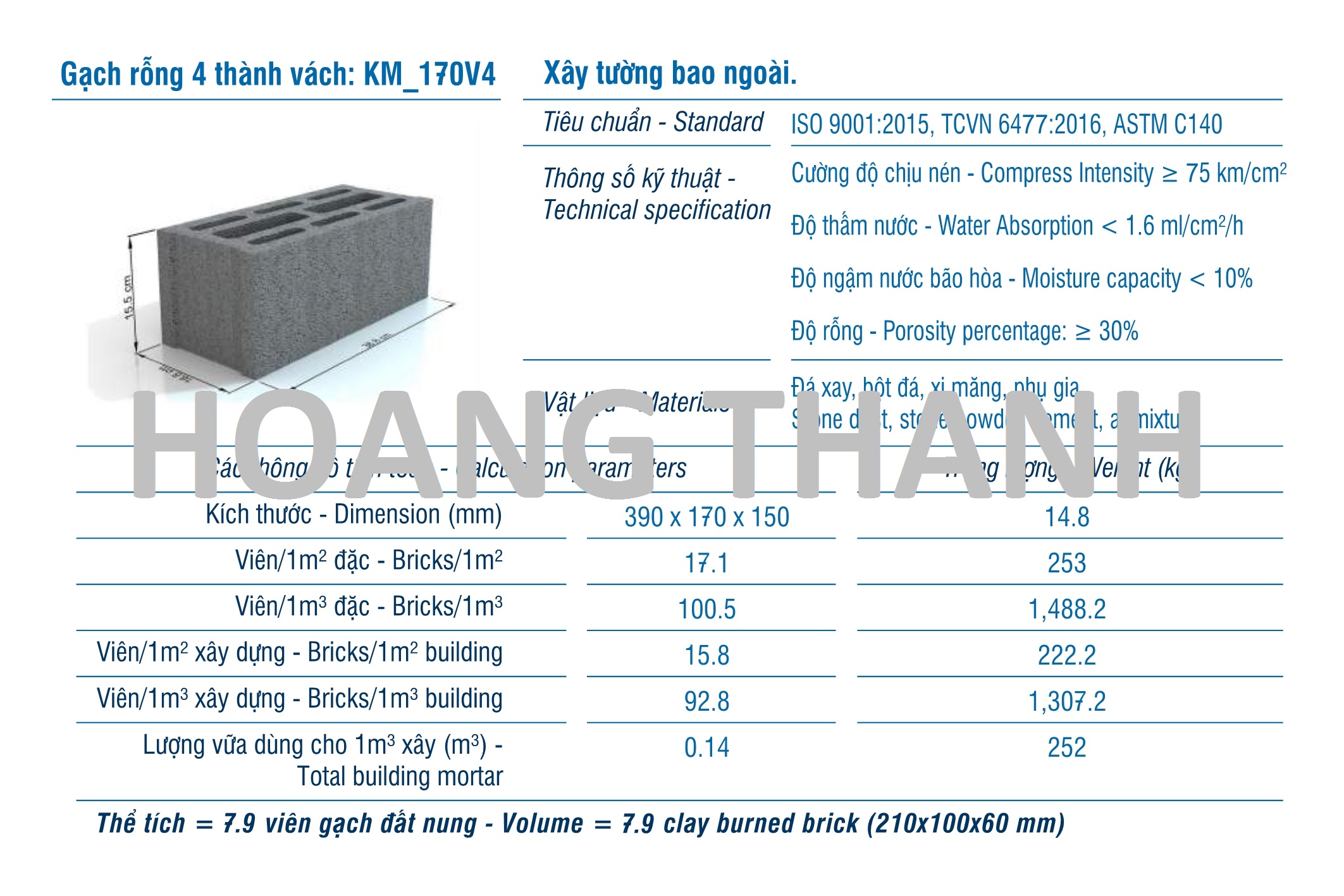 Gạch XMCL cao 150mm xây tường rỗng 170mm